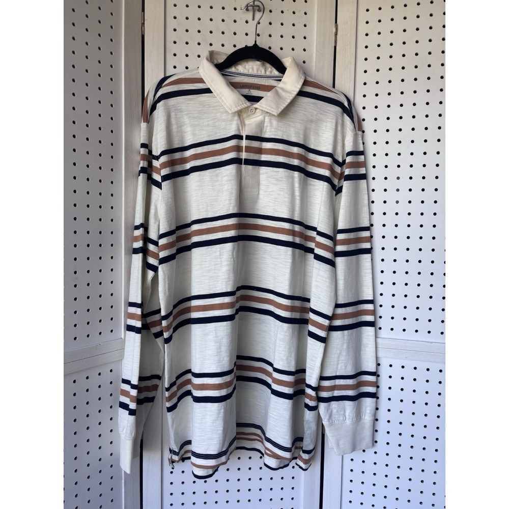 Lands End Men's XL 46-48 Striped Polo Long SLV Shirt Ivory Blue Brown Striped